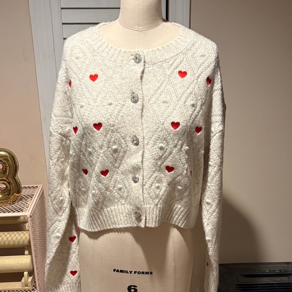 NWT SWTR cardigan w/rhinestone buttons and emb. Hearts - Picture 1 of 6
